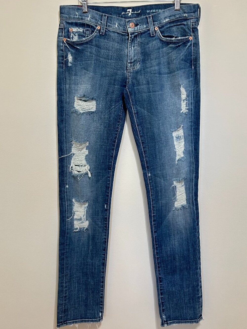 7 For All Mankind Roxanne Mid-Rise, Skinny-Leg Distressed Denim Jeans Size 30